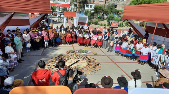 Auf dem „Jornada de Cultura Viva“ (Tag der lebendigen Kultur) stellten die Stipendiat*innen ihre Projekte vor. Eine Gruppe von Menschen in moderner und traditioneller indigener Kleidung umringt Saatgut das inmitten eines gepflasterten Platzes liegt..