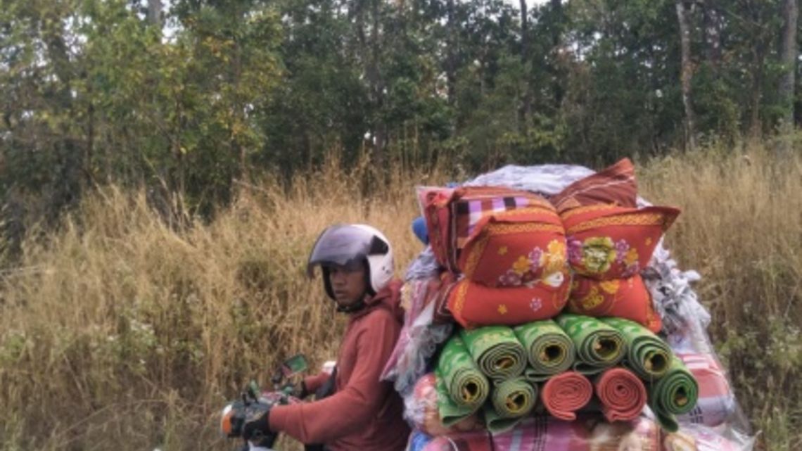 Kein unüblicher Anblick: ein vollgepacktes Moped auf einer Landstraße.