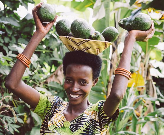 Kleinbäuerin Claudine Hashazinyange mit Avocados vom Baum ihres Schwiegervaters.
