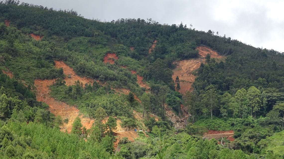 An Berghängen sind mehrere Spuren von Lawinenabgängen sichtbar