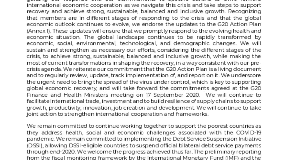 G20 Finance Ministers Declaration Oct. 2020