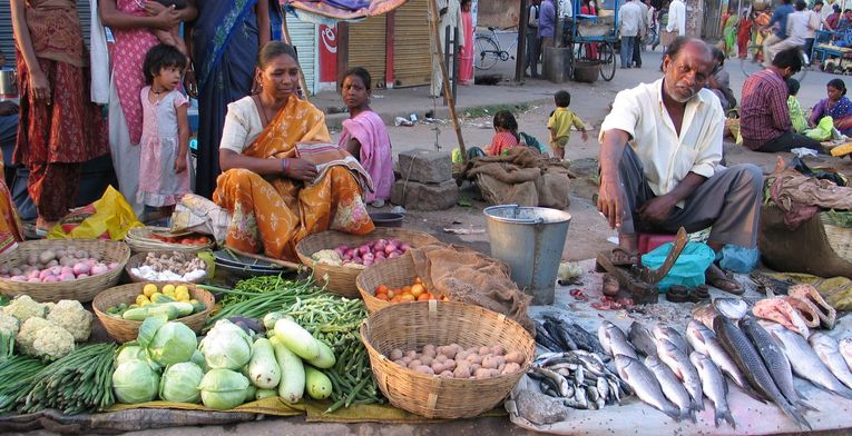 Stand eines Marktes in Indien mit Gemüse und totem Fisch